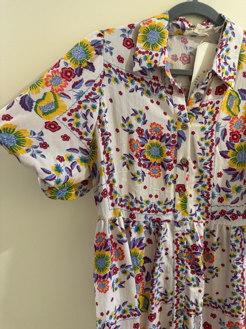 Easel White Floral Cotton Button-Front Dress with Yellow, Blue & Pink Flowers - Picture 4 of 4